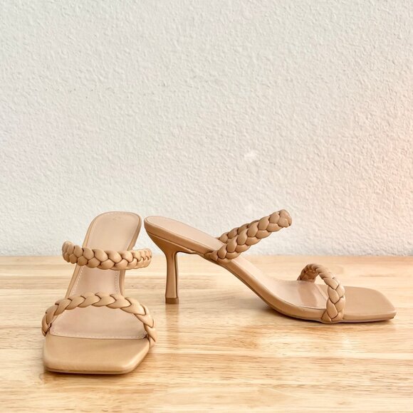 Women's 8.5 Nude Tan Beige Vegan Leather Braided Strappy Square Toe Sandal Heels - Picture 4 of 8